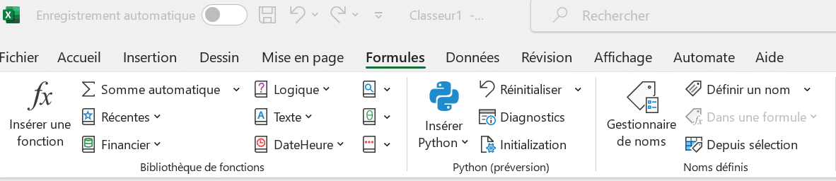 python dans excel ruban